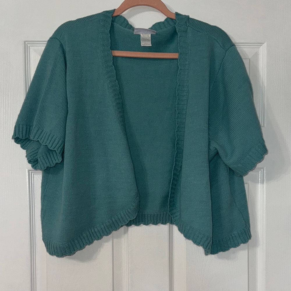 Vintage Blue Short Sleeve Scallop edge Cardigan Sweater